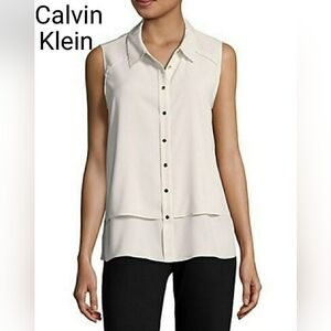 Calvin Klein Ivory Layered Sleeveless Button-Down Blouse Women’s